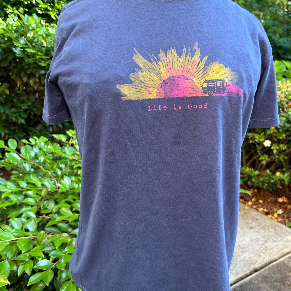 Life Is Good Blue T-Shirt with Yellow and Pink Graphic